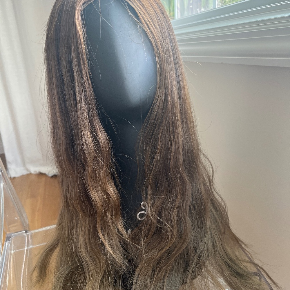 Stunning Lace top wig Human Hair wavy volume balaged brown with ash brown.